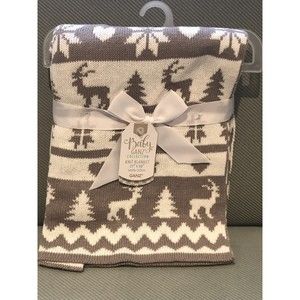 New BABY GANZ Baby Stroller Blanket Reindeer Fair Isle Cotton Knit White Gray